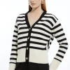 Cotton V Neck Knit Boxy Striped Cardigan