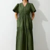 Cotton Woven Shirred Tiered Short Sleeve Maxi Dress