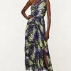 Crinkle Feather Print Woven One Shoulder Midaxi Dress