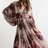 Crinkle Floral Woven Midi Dress With Balloon Sleeve And Embellishment
