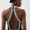 Crystal Embellished Halter Woven Maxi Dress