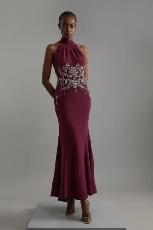 Crystal Embellished Halter Maxi Dress