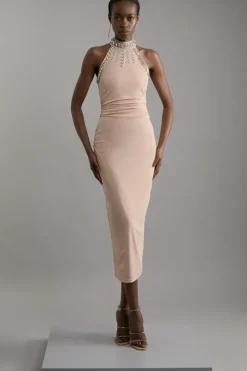 Crystal Embellished Power Mesh Jersey Midi Dress