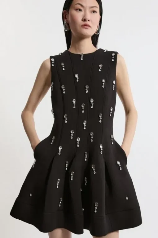 Crystal Embellished Premium Scuba Jersey Mini Dress