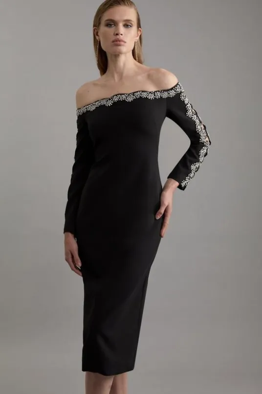 Crystal Embellished Scalloped Off The Shoulder Tailored Midaxi Dress