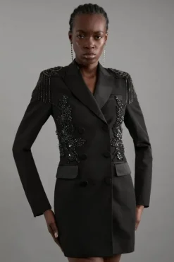Crystal Embellished Tailored Tuxedo Blazer Mini Dress