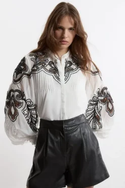 Cutwork Beaded Embroidered Woven Blouse