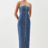 Denim Bandeau Button Midi Dress