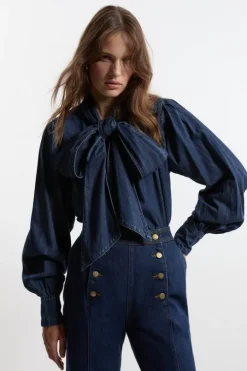 Denim Pussybow Denim Blouse