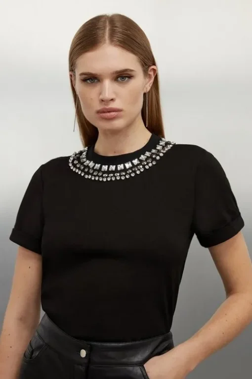 Diamante Trim Cotton T-Shirt