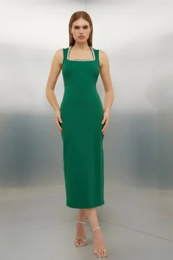 Diamante Trim Ponte Midi Dress