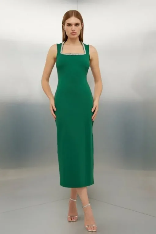 Diamante Trim Ponte Midi Dress