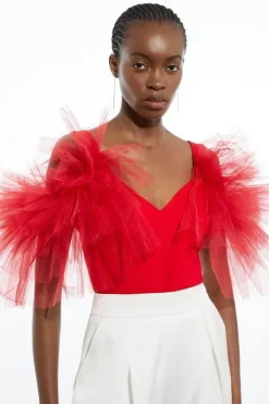 Drama Ponte And Tulle Strappy Jersey Bodysuit