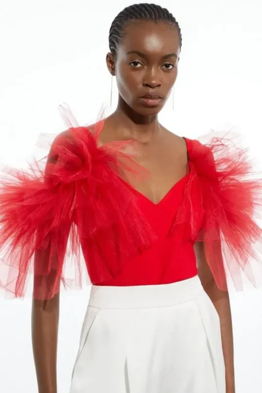 Drama Ponte And Tulle Strappy Jersey Bodysuit