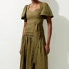 Drama Short Sleeve Tie Waist Woven Midi Dress