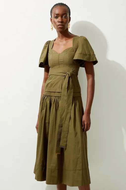 Drama Short Sleeve Tie Waist Woven Midi Dress