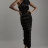 Drapey Ruched Jersey Velvet Rosette Midi Dress