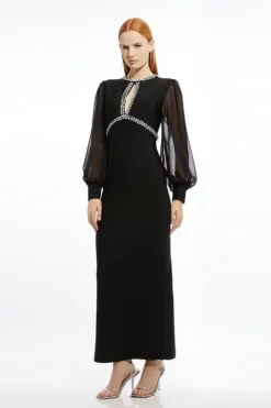 Embellished And Chiffon Sleeve Figure Form Knit Midaxi Dress