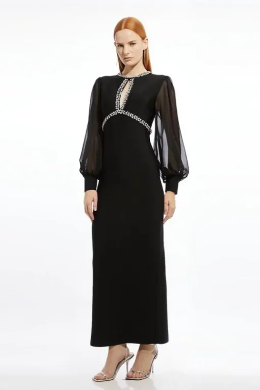 Embellished And Chiffon Sleeve Figure Form Knit Midaxi Dress