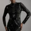 Embellished Beaded High Neck Woven Mini Dress