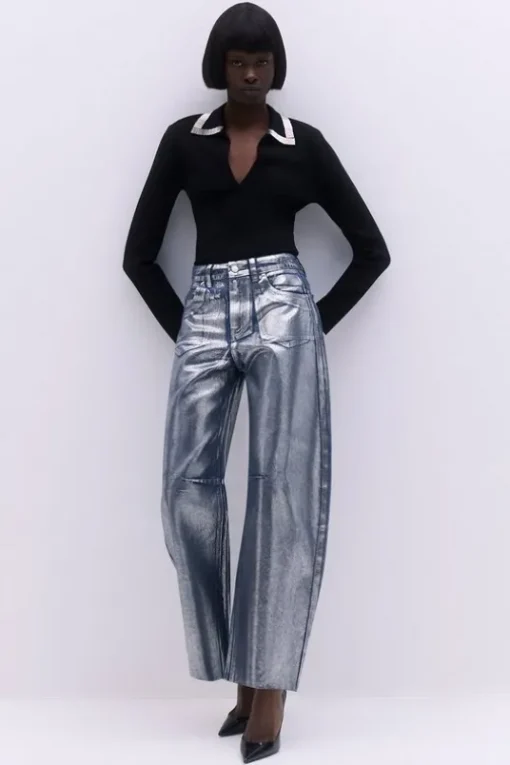 Embellished Collar And Cuff Viscose Blend Knit Polo Top