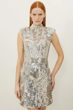 Embellished Sequin And Beaded Strong Shoulder Mini Dress
