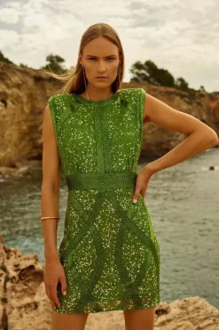 Embellished Strong Shoulder Woven Mini Dress