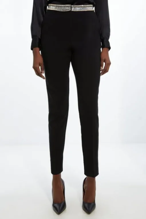 Embellished Waistband Slim Leg Dress Pants