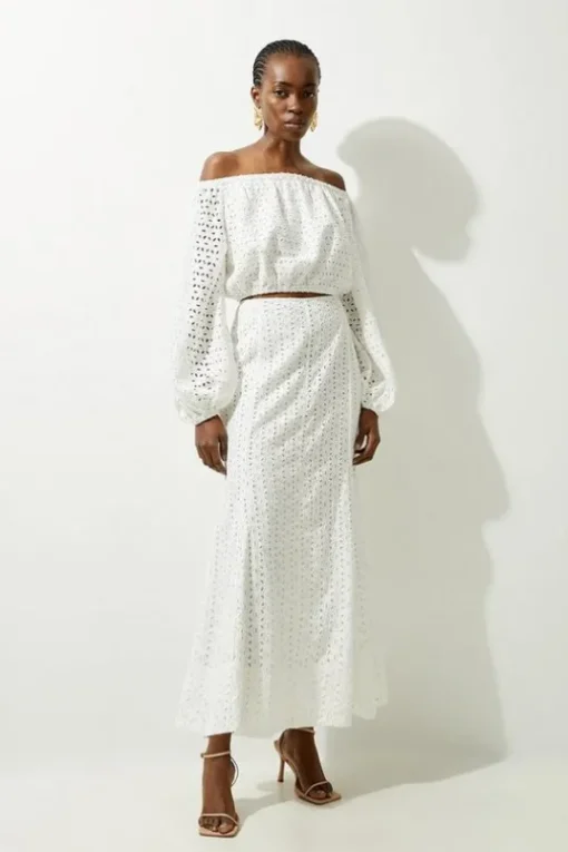 Eyelet Godet Woven Midi Skirt