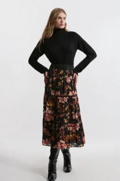 Eyelet Woven Midi Skirt With Guipure Trim