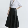 Faux Leather Pleated Panel Midi Skirt
