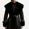 Faux Shearling Collar & Cuff Belted Short Coat