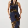 Feather Devore Halter Neck Woven Midi Dress