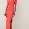 Feather Off The Shoulder Stretch Crepe Maxi Dress