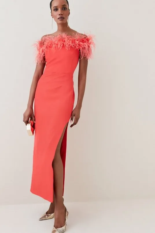 Feather Off The Shoulder Stretch Crepe Maxi Dress