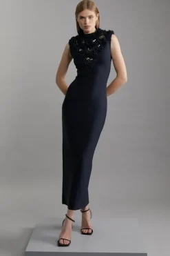 Figure Form Bandage Embellished Neck Midaxi Column Dress