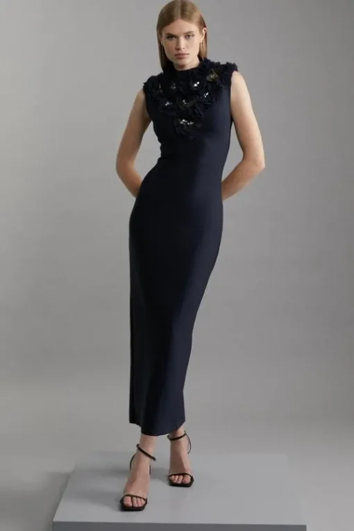 Figure Form Bandage Embellished Neck Midaxi Column Dress