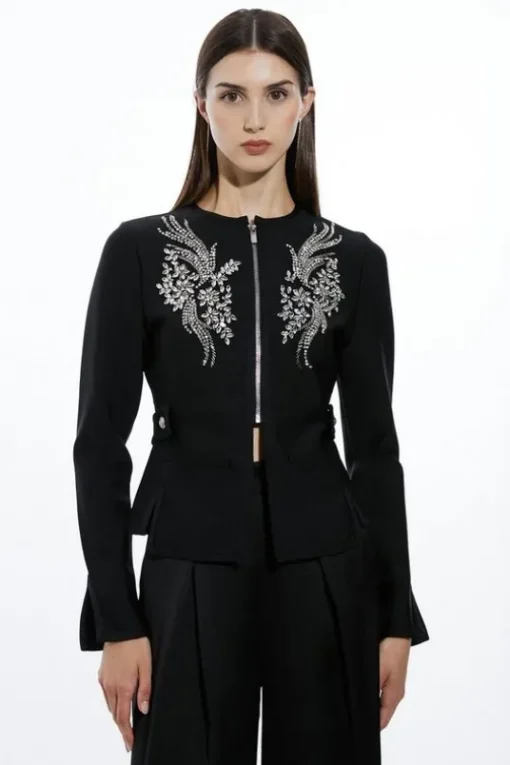 Figure Form Bandage Embellished Piping Knit Jacket