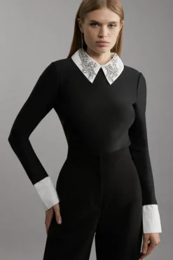 Figure Form Bandage Embellished Collar Knit Top