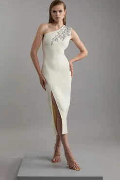 Figure Form Bandage Knit Embellished One Shoulder Midaxi Dress