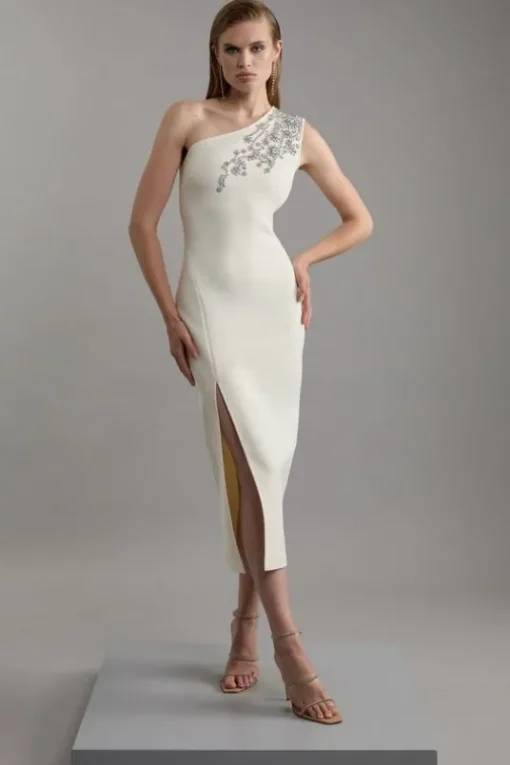 Figure Form Bandage Knit Embellished One Shoulder Midaxi Dress