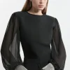 Figure Form Bandage Knit Embellished And Chiffon Sleeve Top