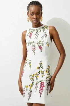 Floral Embroidered Cotton Linen Woven Mini Dress