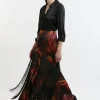 Floral Heavy Satin Panelled Fringed Woven Maxi Skirt