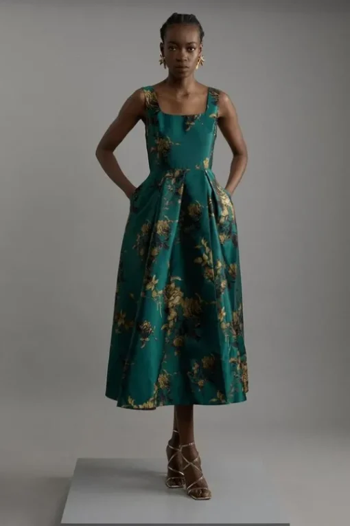 Floral Jacquard Woven Midaxi Dress