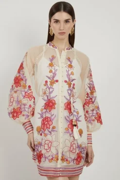 Floral Placed Embroidery Organdie Woven Mini Dress