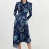 Floral Print Viscose Satin Asymmetric Woven Maxi Dress