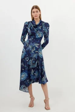 Floral Print Viscose Satin Asymmetric Woven Maxi Dress