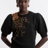 Flower And Beaded Puff Sleeve Knit Tee