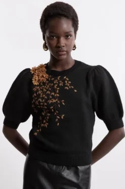 Flower And Beaded Puff Sleeve Knit Tee